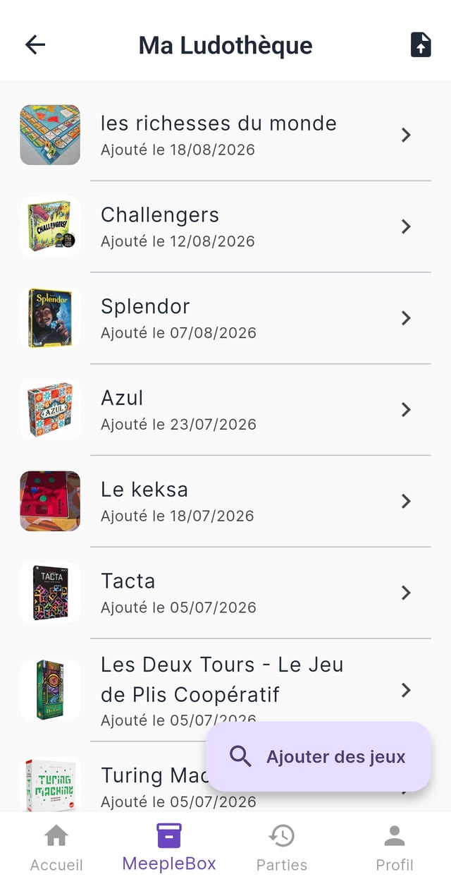 Ma Ludothèque : liste des jeux de société enregistrés